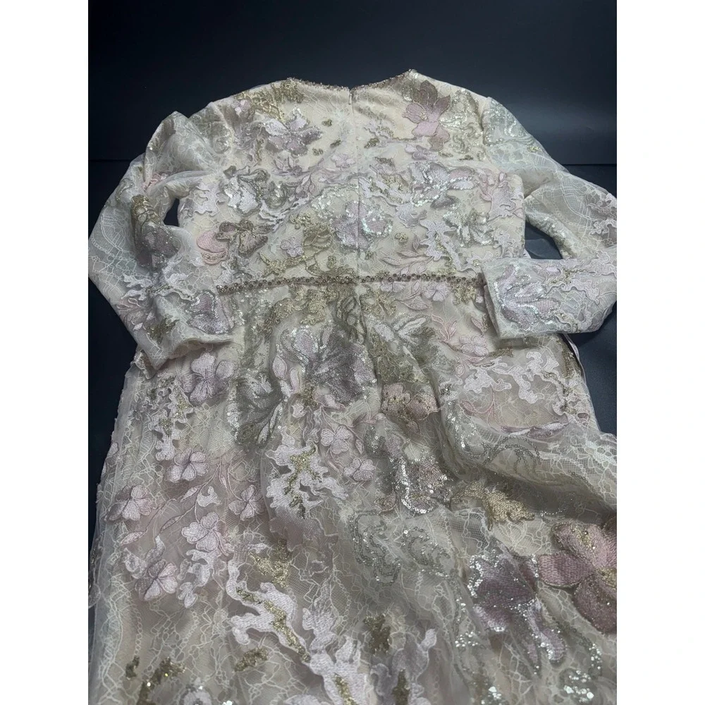 Mac Duggal 11174 Floral Sequin Lace Gown Blush Gold‎ Long Sleeve Gown Sz 14 $798